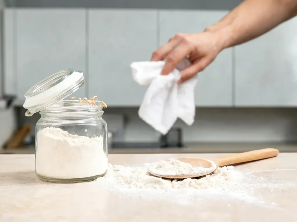Larwy mącznika przy słoiku z mąką na kuchennym blacie, dłoń z ściereczką sięga po słoik, sugerując sprzątanie i zwalczanie szkodnika.