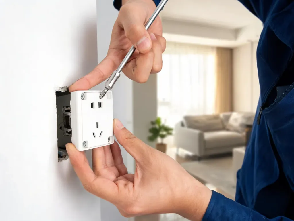 Elektryk montuje bia gniazdko elektryczne w nowoczesnym mieszkaniu, ilustrując koszt jednego punktu elektrycznego.