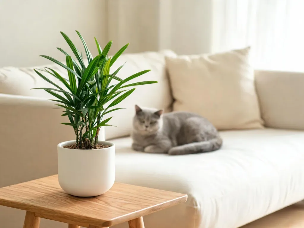 Dracena w białej doniczce na stole, w tle spokojnie leżący na sofie kot, sugerujące pytanie o jej bezpieczeństwo dla zwierząt.