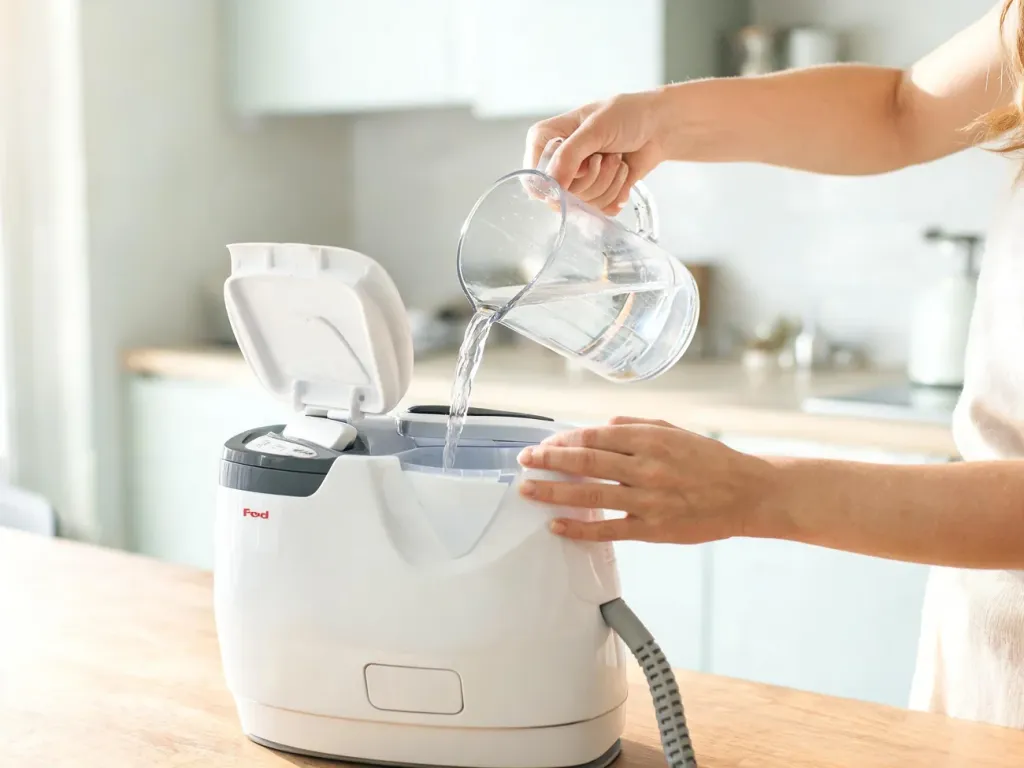 Kobieta nalewa wodę i środek odkamieniający do zbiornika stacji parowej Tefal, przygotowując ją do odkamieniania.