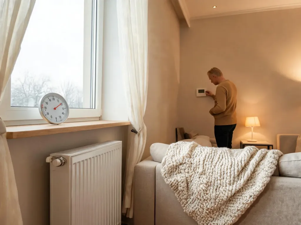 Mieszkanie zimą z kaloryferem i termometrem na parapecie; domownik reguluje termostat, dbając o minimalną temperaturę.
