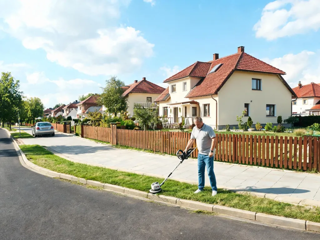 Mężczyzna przy posesji kosi trawę w pasie drogowym między ogrodzeniem a jezdnią na zadbanej, słonecznej ulicy.